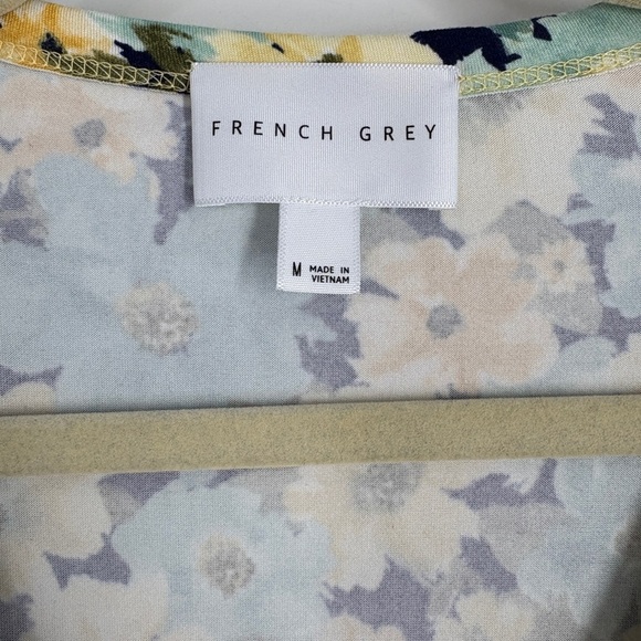 French Grey Dress Yellow/ Green Floral V Neck Tie Waist Short Sleeve- Med - Picture 2 of 6